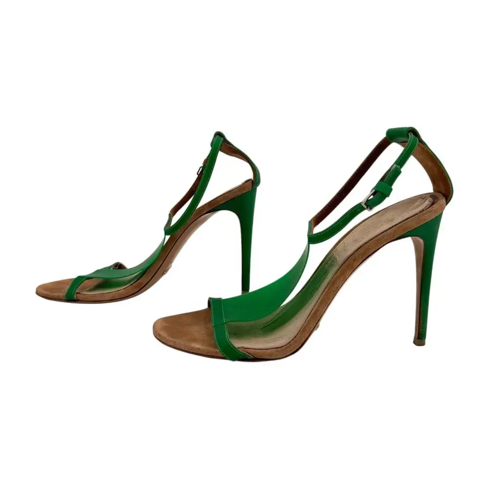 Burberry Leather Vinyl Prorsum Taylor T-Strap Sandals Green Women's Size 38.5